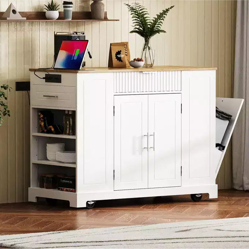 Isola da Cucina Mobile con Presa di Corrente, Cestino dei Rifiuti e Mobile Contenitore