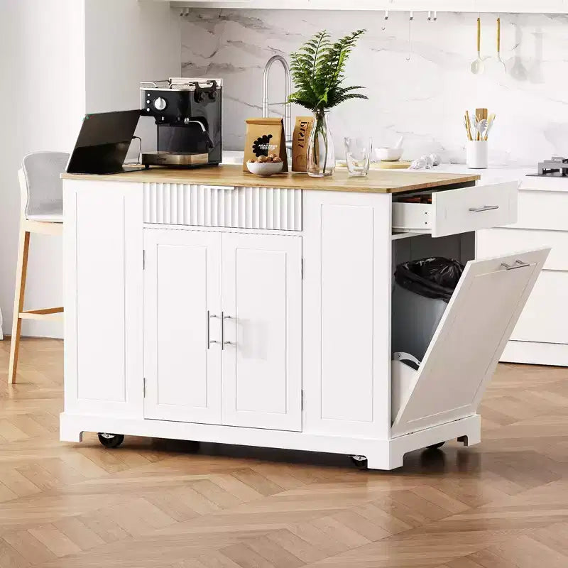 Isola da Cucina Mobile con Presa di Corrente, Cestino dei Rifiuti e Mobile Contenitore