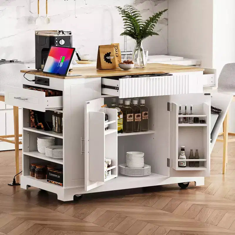 Isola da Cucina Mobile con Presa di Corrente, Cestino dei Rifiuti e Mobile Contenitore