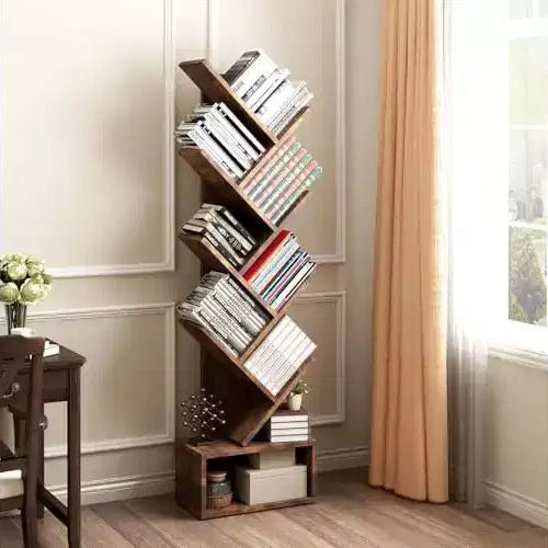 GustoWave Tier Wooden Tall Bookshelf with Storage, Corner Bookshelf, Tree Bookshelf, for Living Room, Bedroom, Home Office
