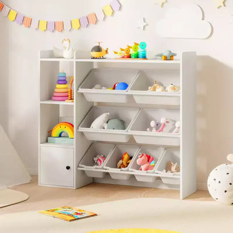 Libreria Porta Giocattoli per Bambini con 8 Contenitori – Organizzatore in Legno per Camerette