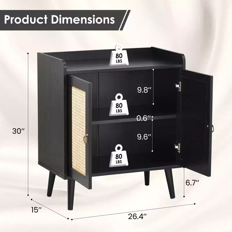 Credenza a Buffet con Ante in Rattan – Nera