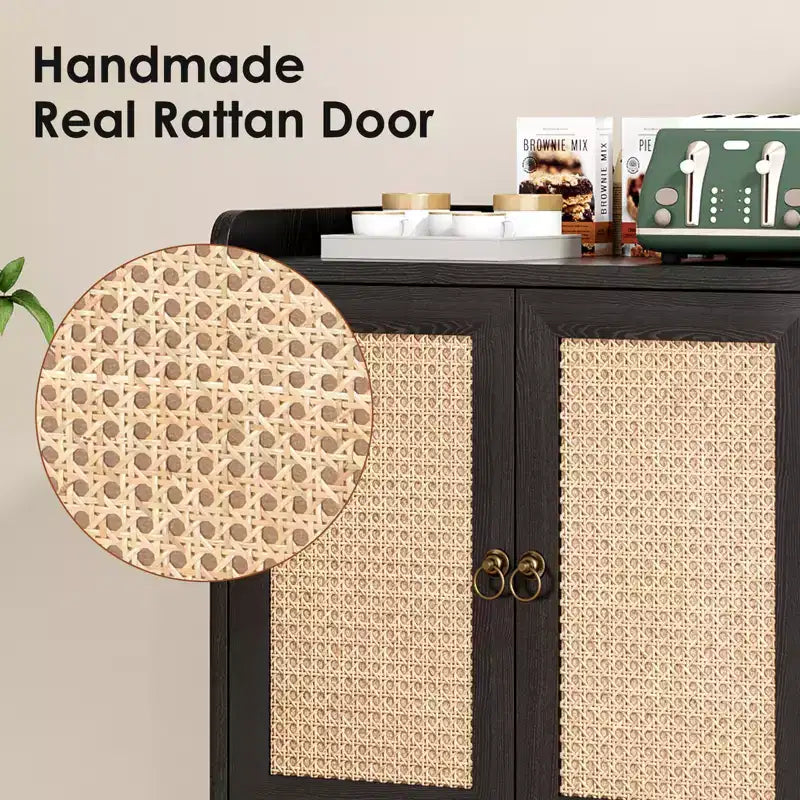 Credenza a Buffet con Ante in Rattan – Nera