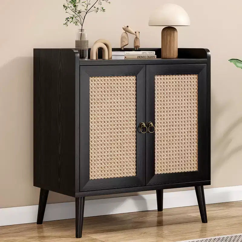 Credenza a Buffet con Ante in Rattan – Nera