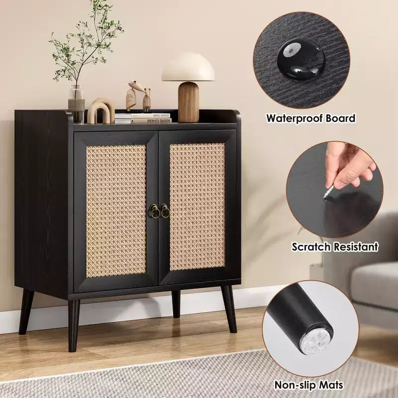 Credenza a Buffet con Ante in Rattan – Nera