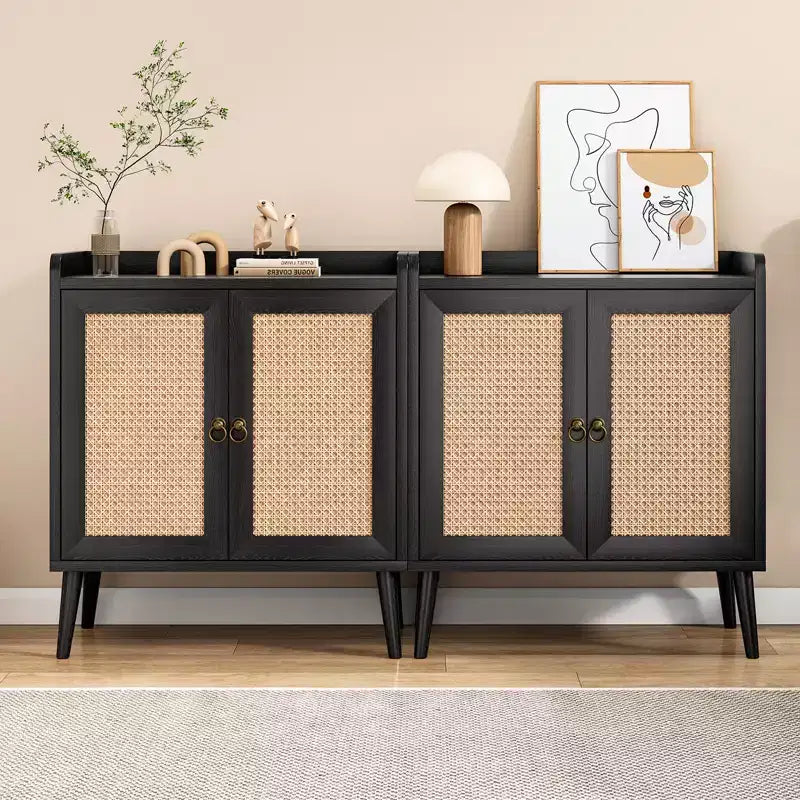 Credenza a Buffet con Ante in Rattan – Nera