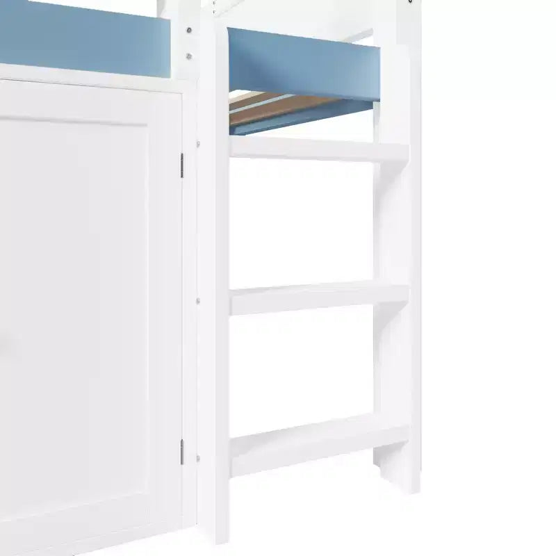 Letto a soppalco a grandezza naturale con tetto a baldacchino e armadio contenitore