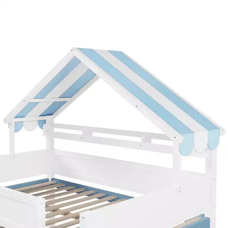 Letto a soppalco a grandezza naturale con tetto a baldacchino e armadio contenitore