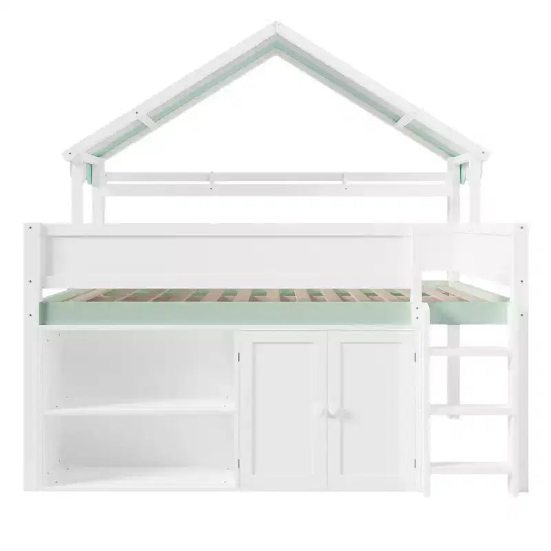 Letto a soppalco a grandezza naturale con tetto a baldacchino e armadio contenitore