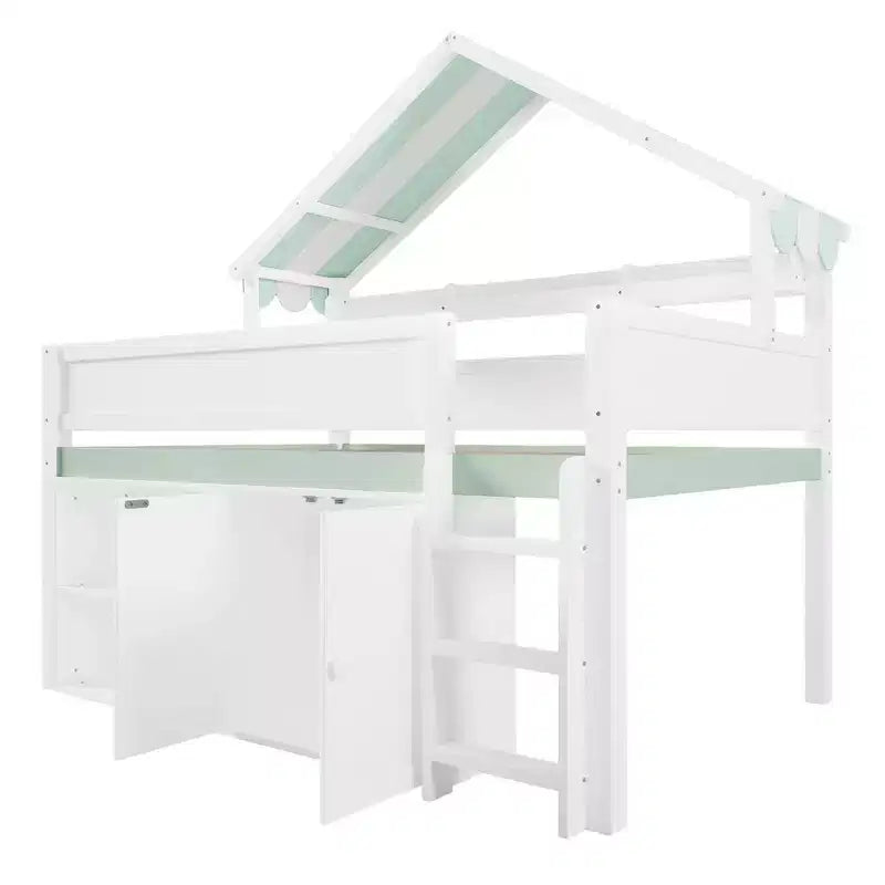 Letto a soppalco a grandezza naturale con tetto a baldacchino e armadio contenitore