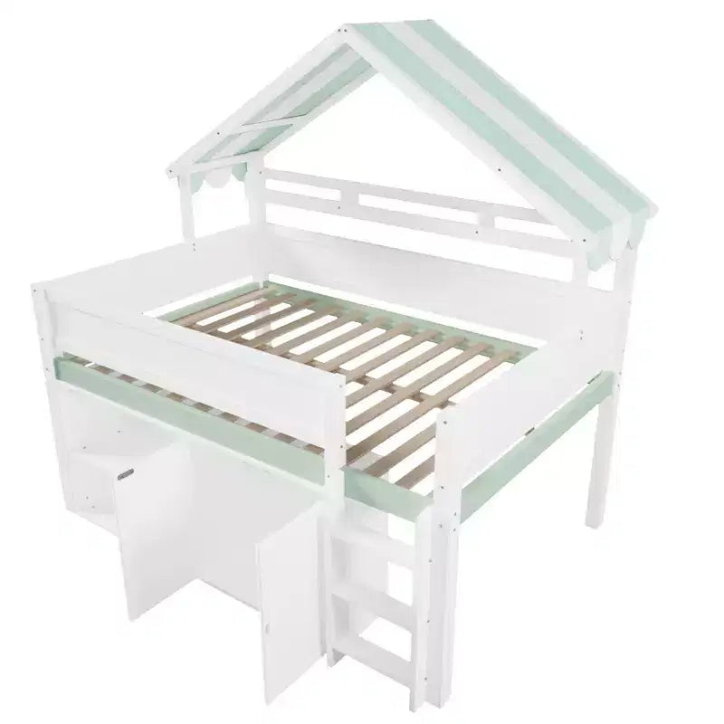Letto a soppalco a grandezza naturale con tetto a baldacchino e armadio contenitore