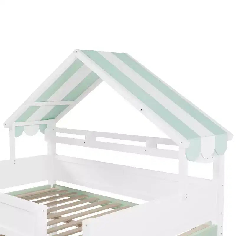 Letto a soppalco a grandezza naturale con tetto a baldacchino e armadio contenitore