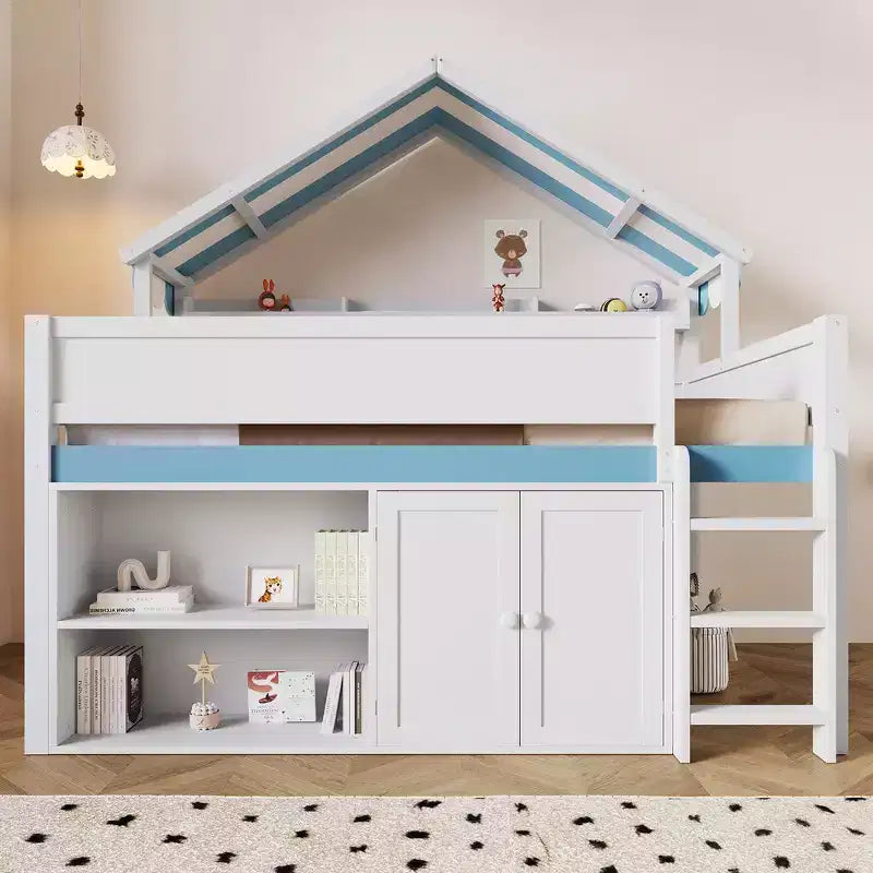 Letto a soppalco a grandezza naturale con tetto a baldacchino e armadio contenitore