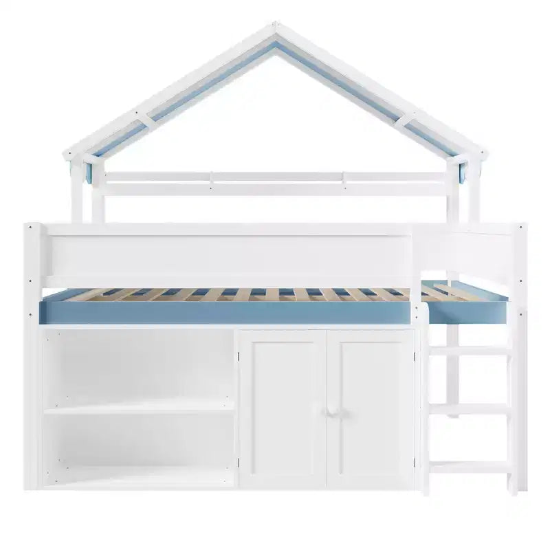 Letto a soppalco a grandezza naturale con tetto a baldacchino e armadio contenitore