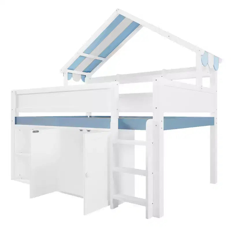 Letto a soppalco a grandezza naturale con tetto a baldacchino e armadio contenitore