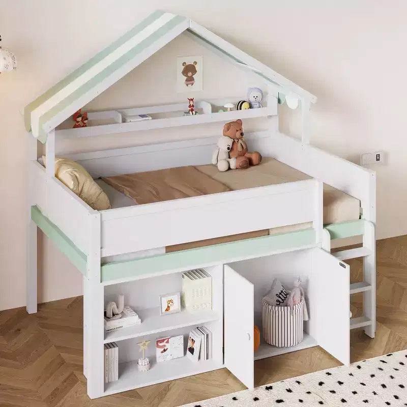 Letto a soppalco a grandezza naturale con tetto a baldacchino e armadio contenitore