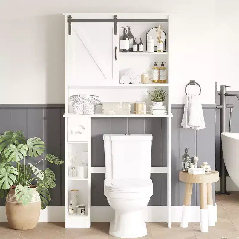Mobiletto portaoggetti sopra il WC con anta scorrevole stile fienile