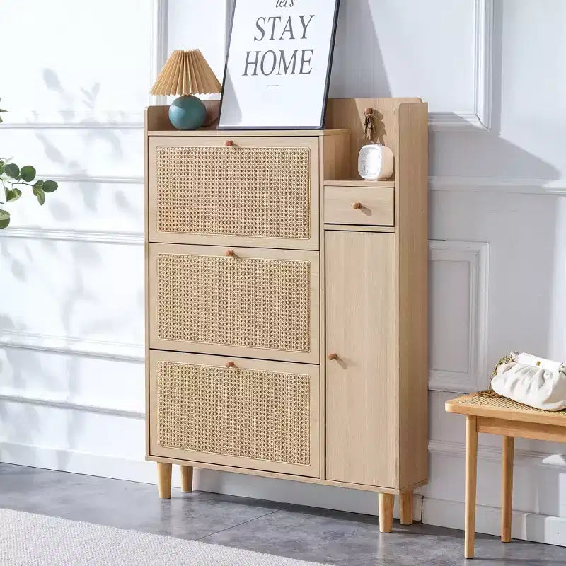 Scarpiera in rattan Mid-Century con ante e cassetti