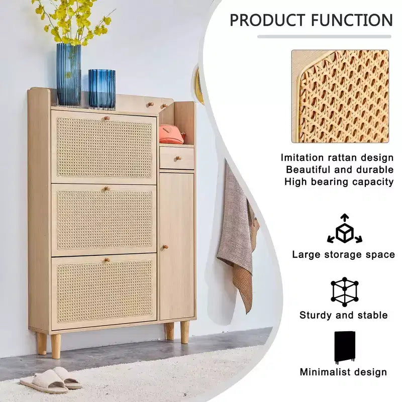 Scarpiera in rattan Mid-Century con ante e cassetti