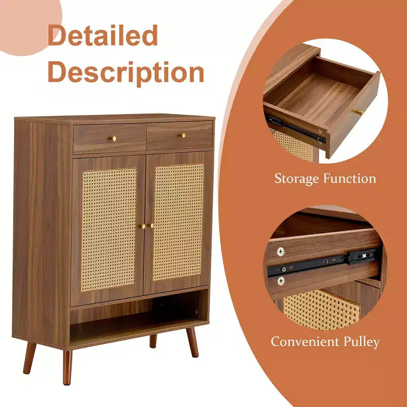 Scarpiera in rattan Mid-Century con ante e cassetti
