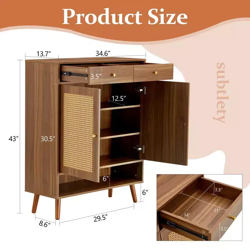 Scarpiera in rattan Mid-Century con ante e cassetti