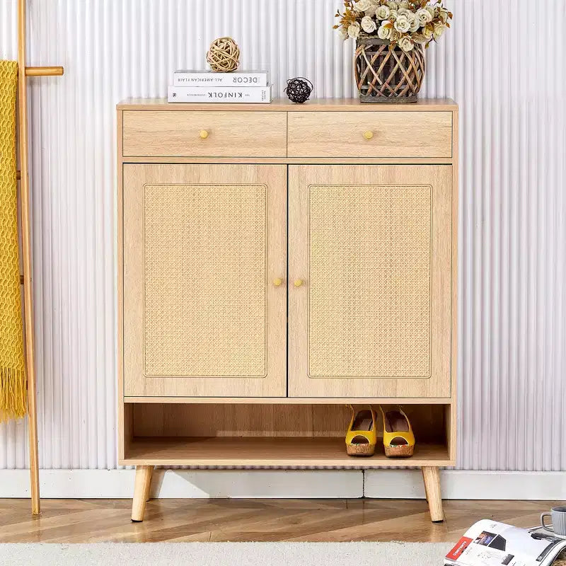 Scarpiera in rattan Mid-Century con ante e cassetti