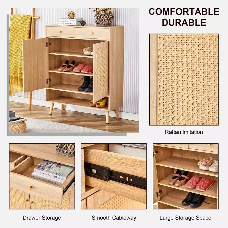 Scarpiera in rattan Mid-Century con ante e cassetti