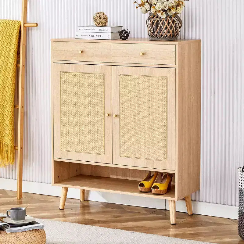Scarpiera in rattan Mid-Century con ante e cassetti