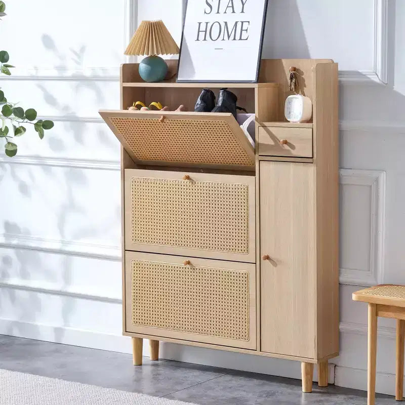 Scarpiera in rattan Mid-Century con ante e cassetti