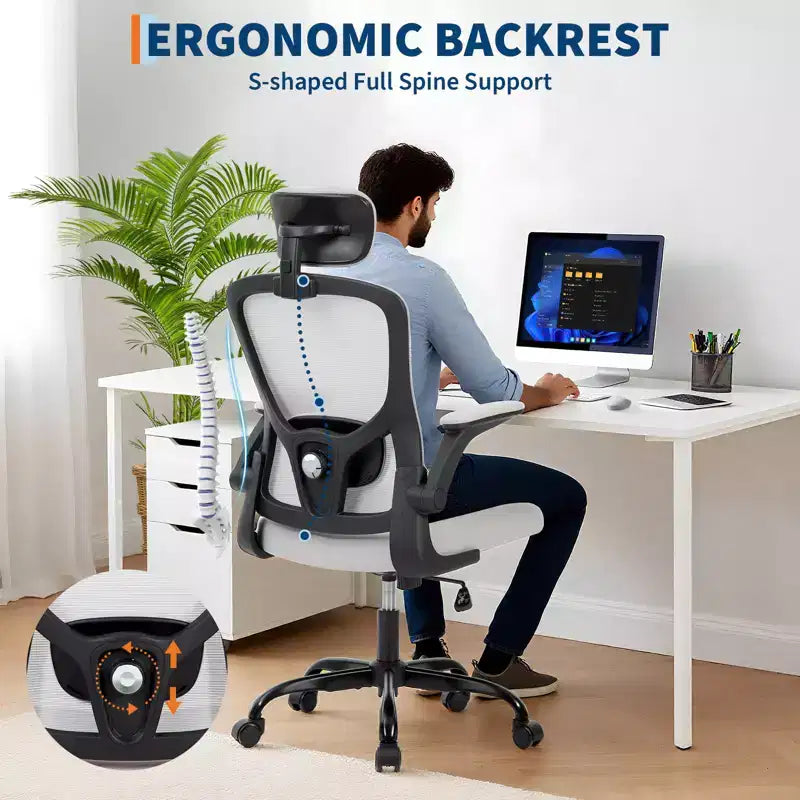 Sedia da ufficio ergonomica in rete con braccioli ribaltabili