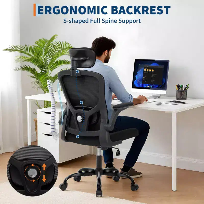 Sedia da ufficio ergonomica in rete con braccioli ribaltabili