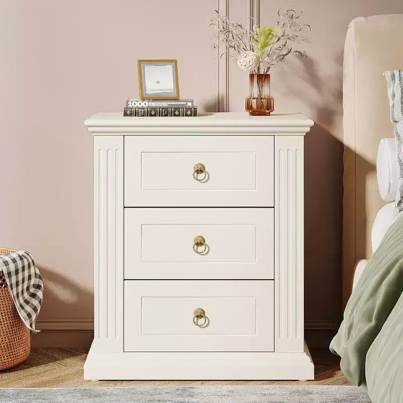 Comodino a 3 cassetti con cassetti portaoggetti – Tavolino da comodino in legno, beige