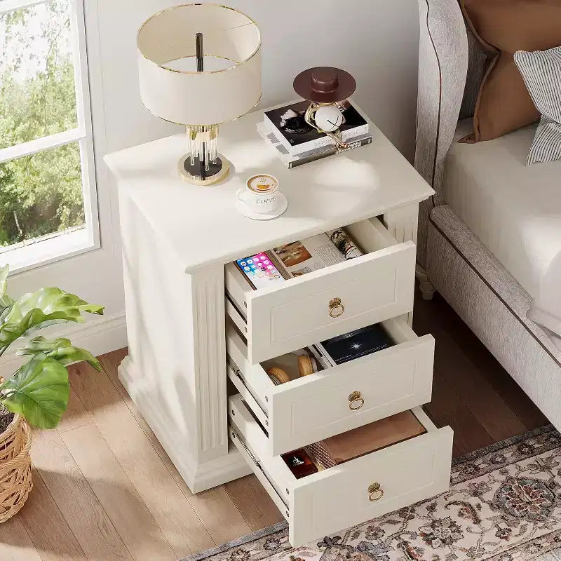 Comodino a 3 cassetti con cassetti portaoggetti – Tavolino da comodino in legno, beige